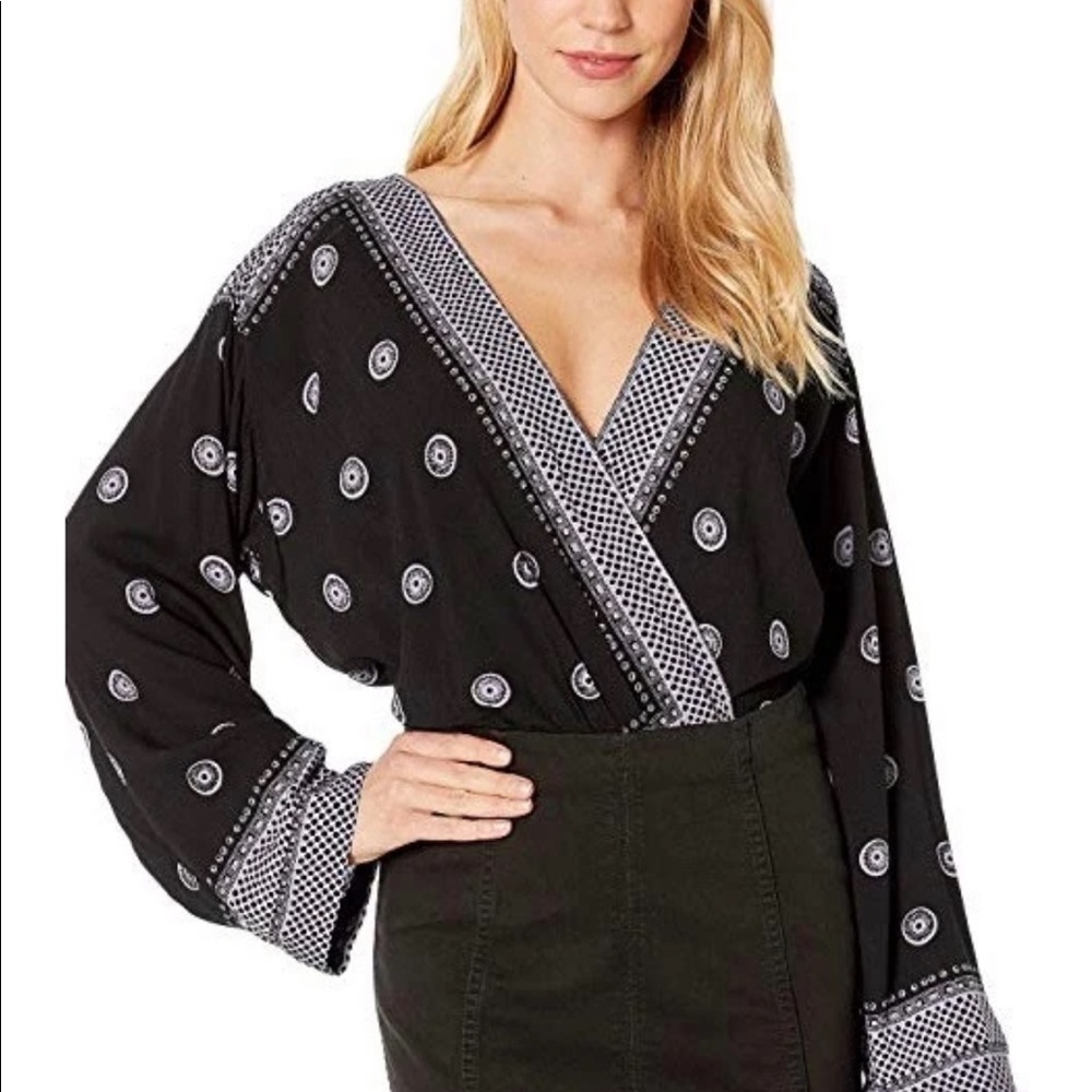 Free People Black and White Printed Wrap Bodysuit